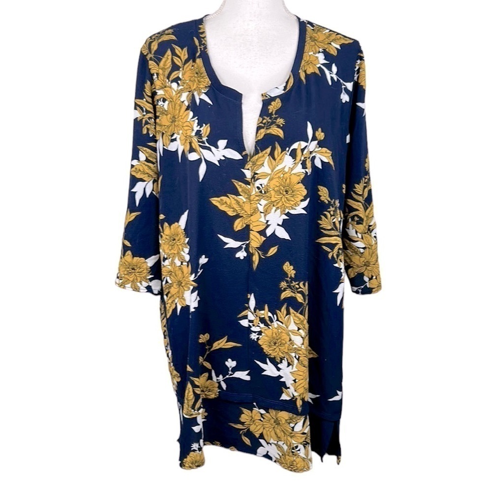 Paolino Navy White & Yellow Floral V-Neck High Low‎ Tunic Top Size Large